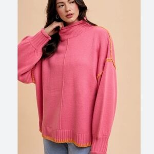New Anniewear Pink With Contrast Stitching Mockneck Sweater Valentines Day XL